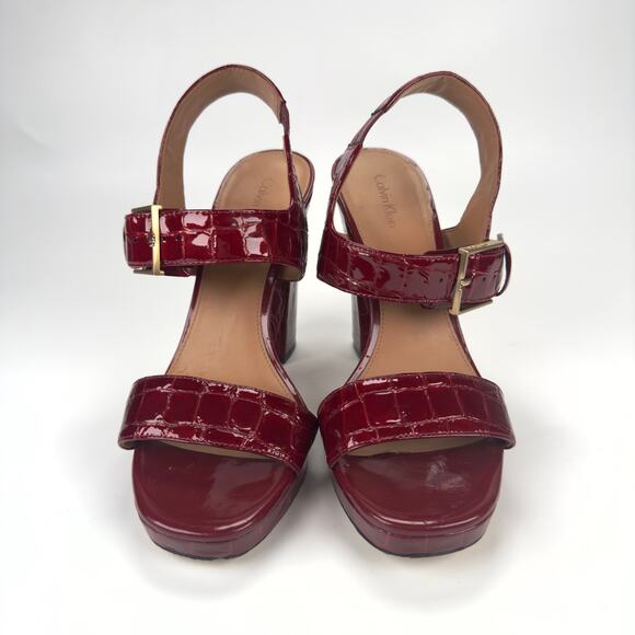 Calvin Klein Red Croc Leather Block Platform Heels Gold Buckle Size 8.5 - Picture 6 of 10